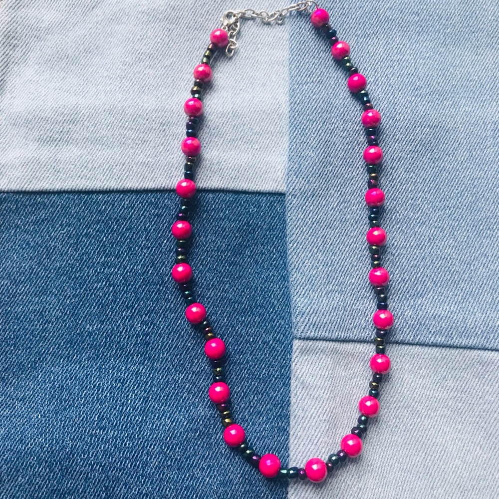 Handmade Dark Pink Gemstone Beads Holo Necklace